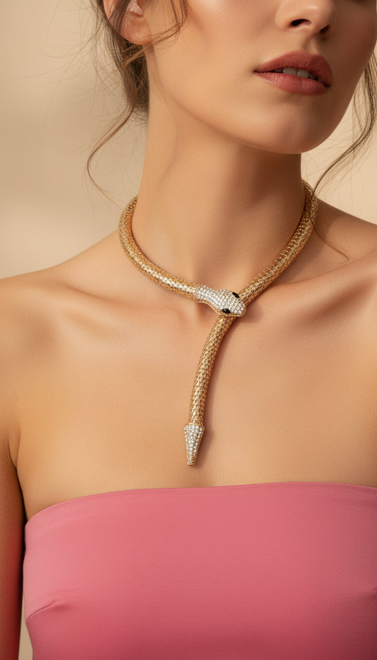 Venom Noir: Gem-Encrusted Gold Snake Necklace